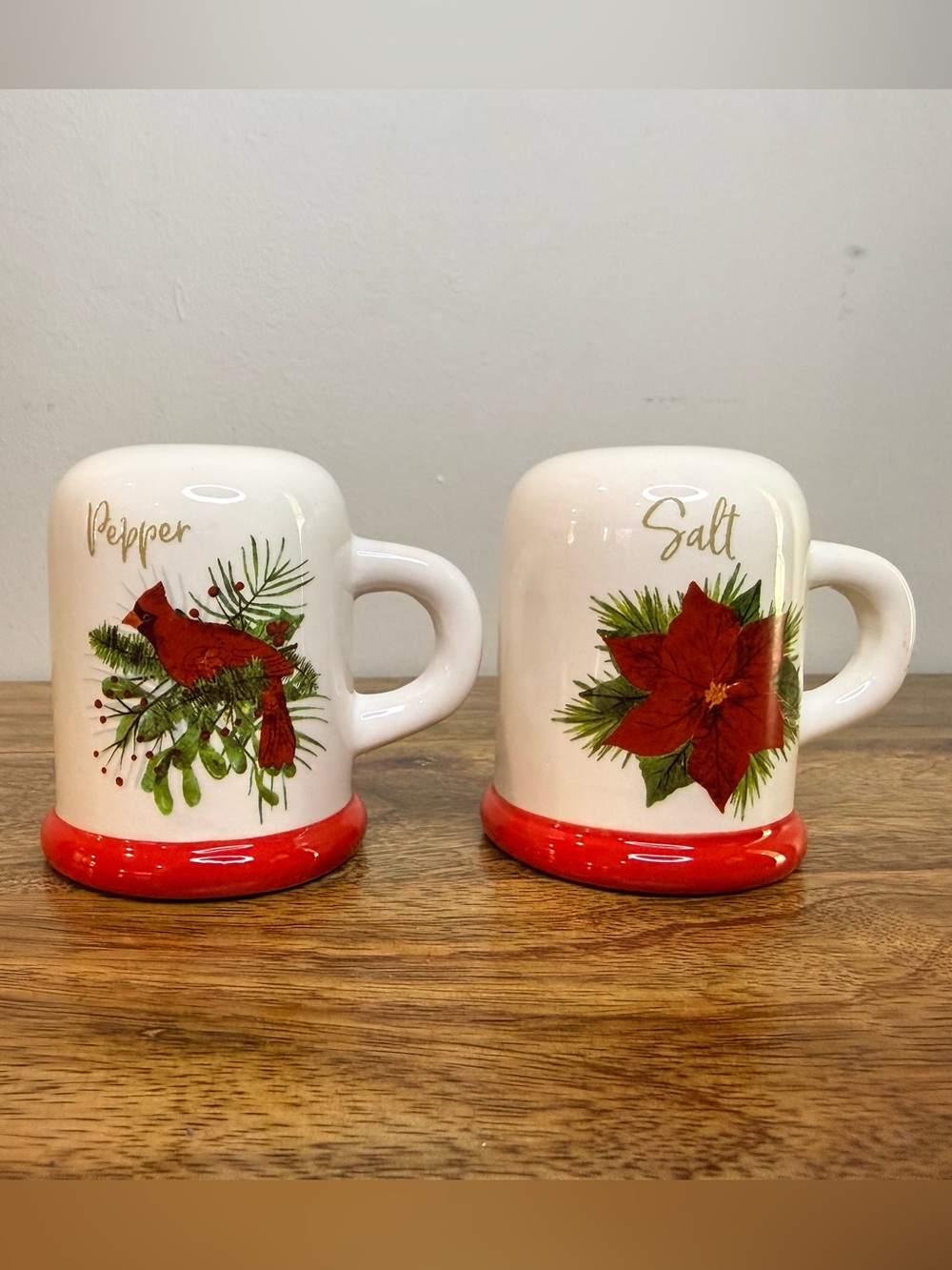 Holiday Red Poinsettia & Cardinal Ceramic Salt and Pepper Shakers